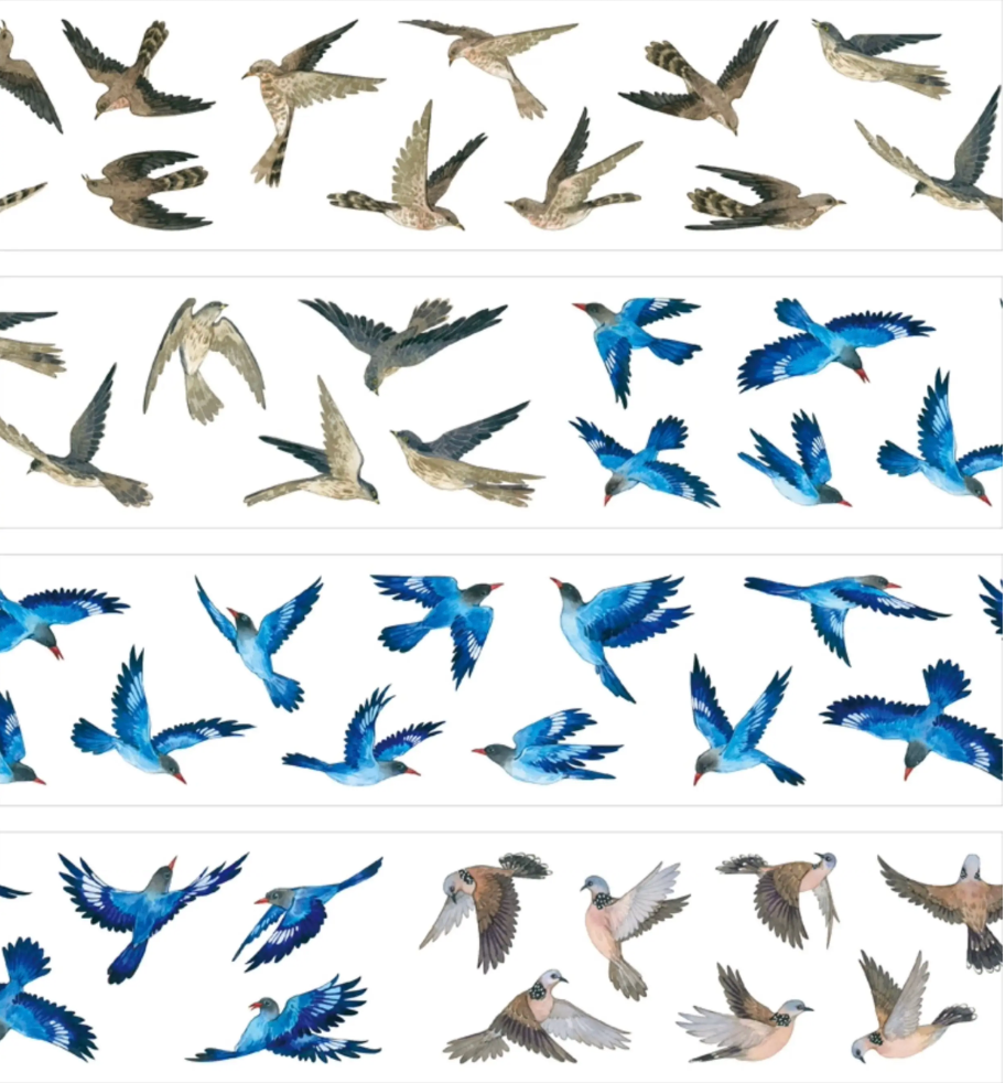 Tropical bird PET tape layout with vivid blue birds and white doves
