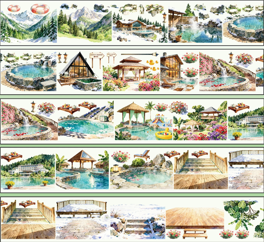 Mountain hot spring PET tape preview with pools, cabins, gardens, decks, and snowy steps