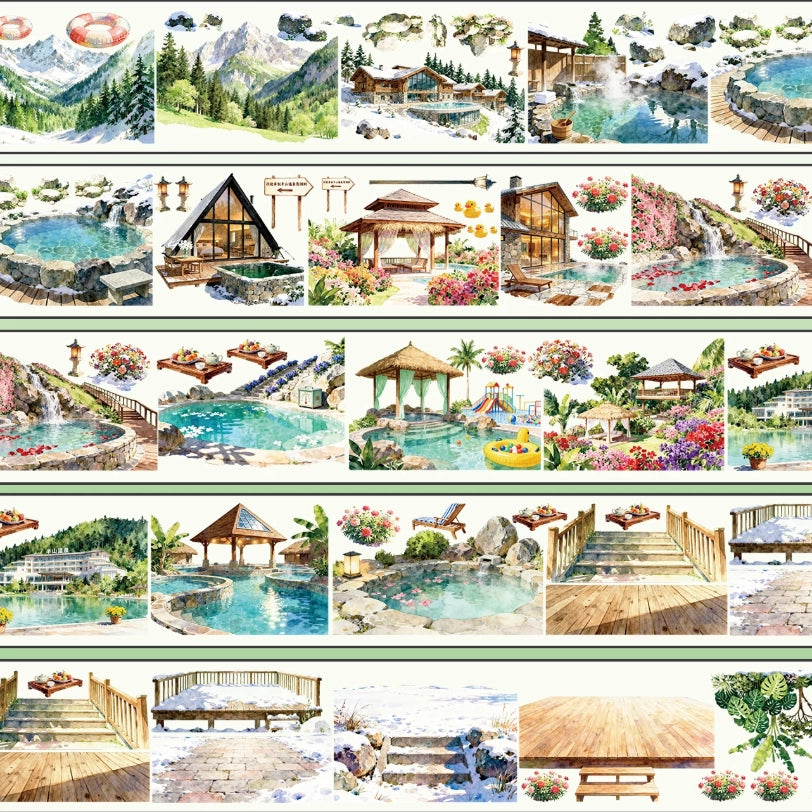 Mountain hot spring PET tape preview with pools, cabins, gardens, decks, and snowy steps