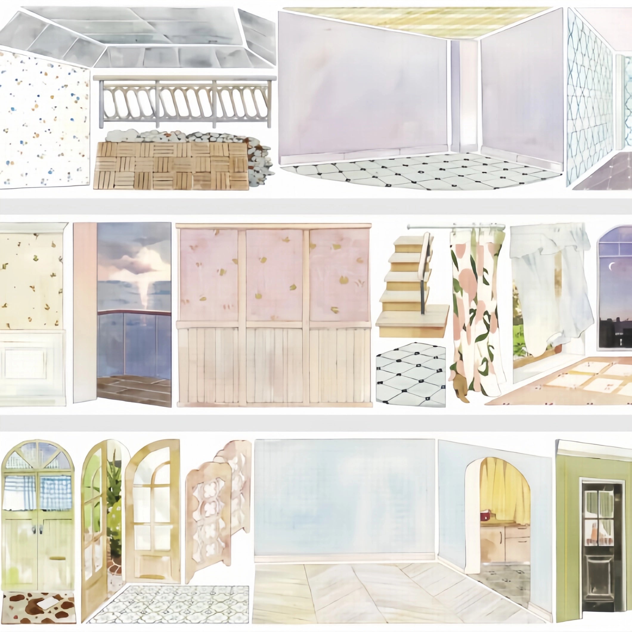 Pastel wall and window washi tape preview with doors, flooring, curtains, balconies, and room panels