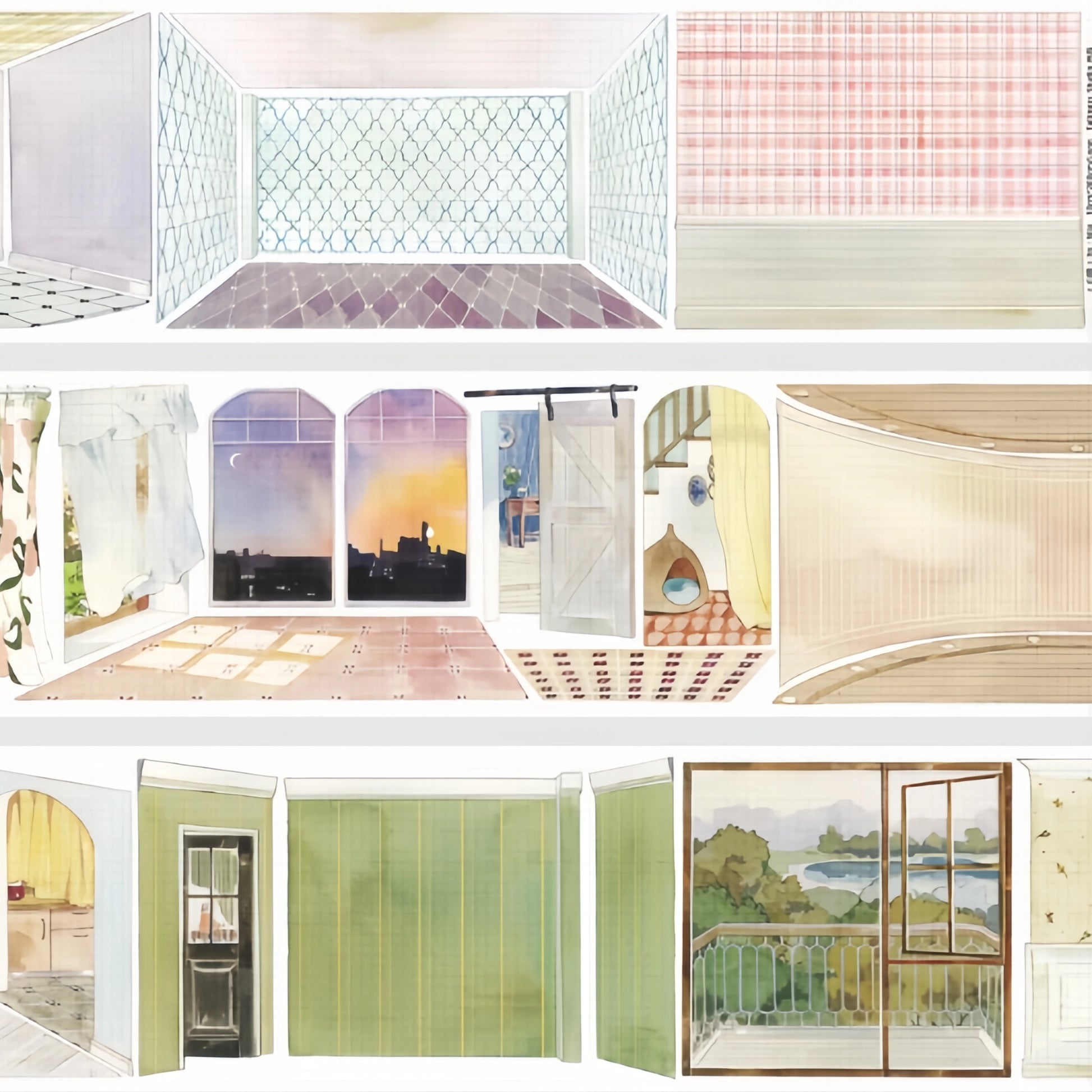 Wide pastel wall and window washi tape layout for building journal scenes