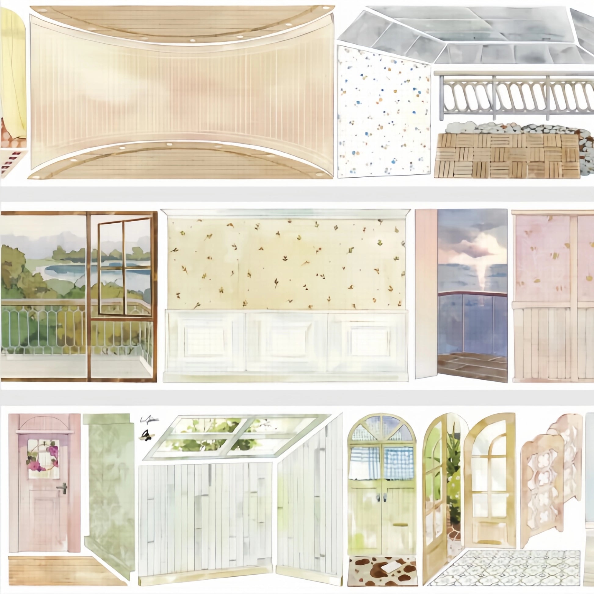 Pastel room background washi tape close-up with walls, windows, doors, and flooring