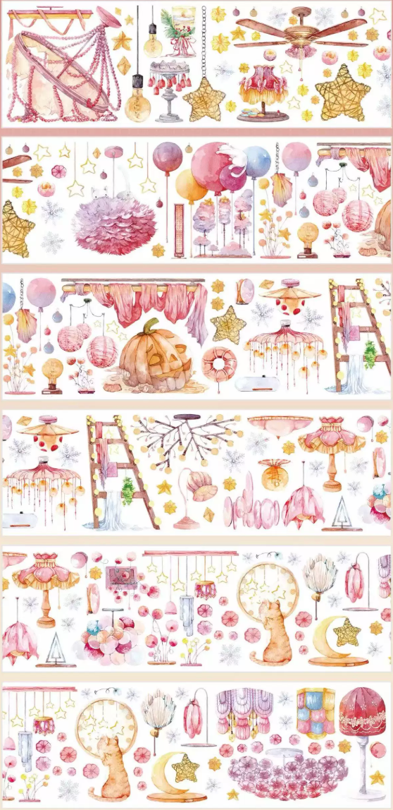 Pink lantern and home decor PET tape layout with lamps, ornaments, balloons, and soft drapery
