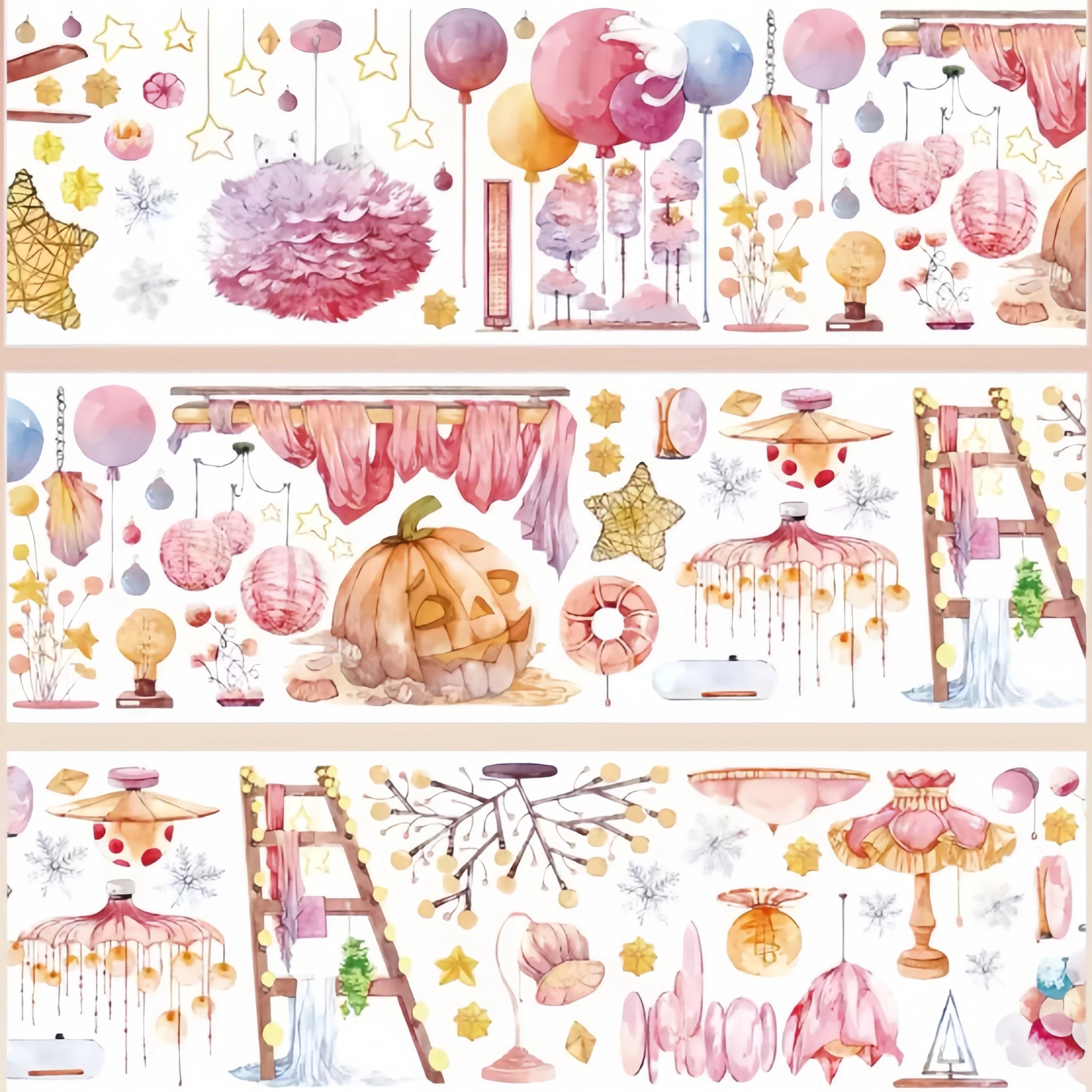 Pink lantern home decor PET tape preview with hanging lights, stars, draped fabric, and pumpkin decor