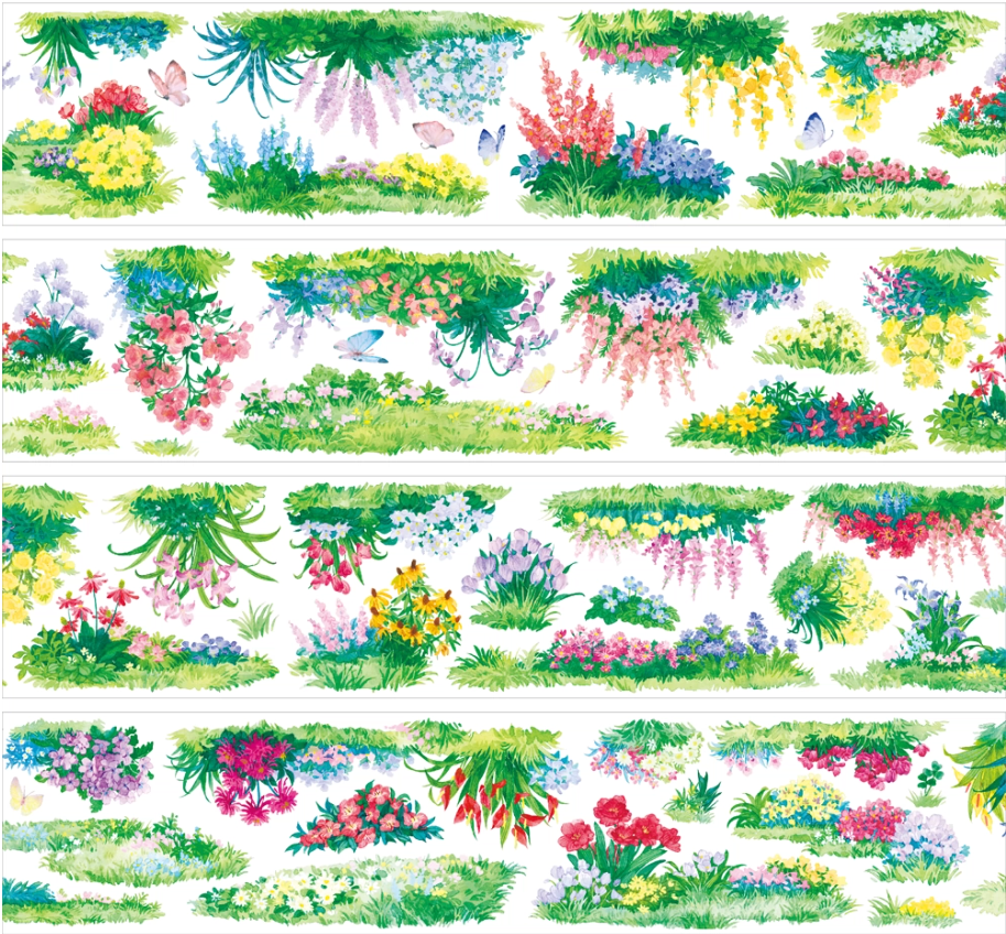 Botanical water garden decorative tape with lotus ponds, grasses, flowers, and butterflies