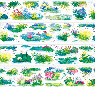 Botanical water garden decorative tape with lotus ponds, grasses, flowers, and butterflies