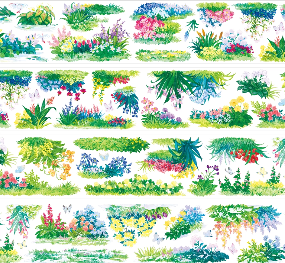 Botanical water garden decorative tape with lotus ponds, grasses, flowers, and butterflies