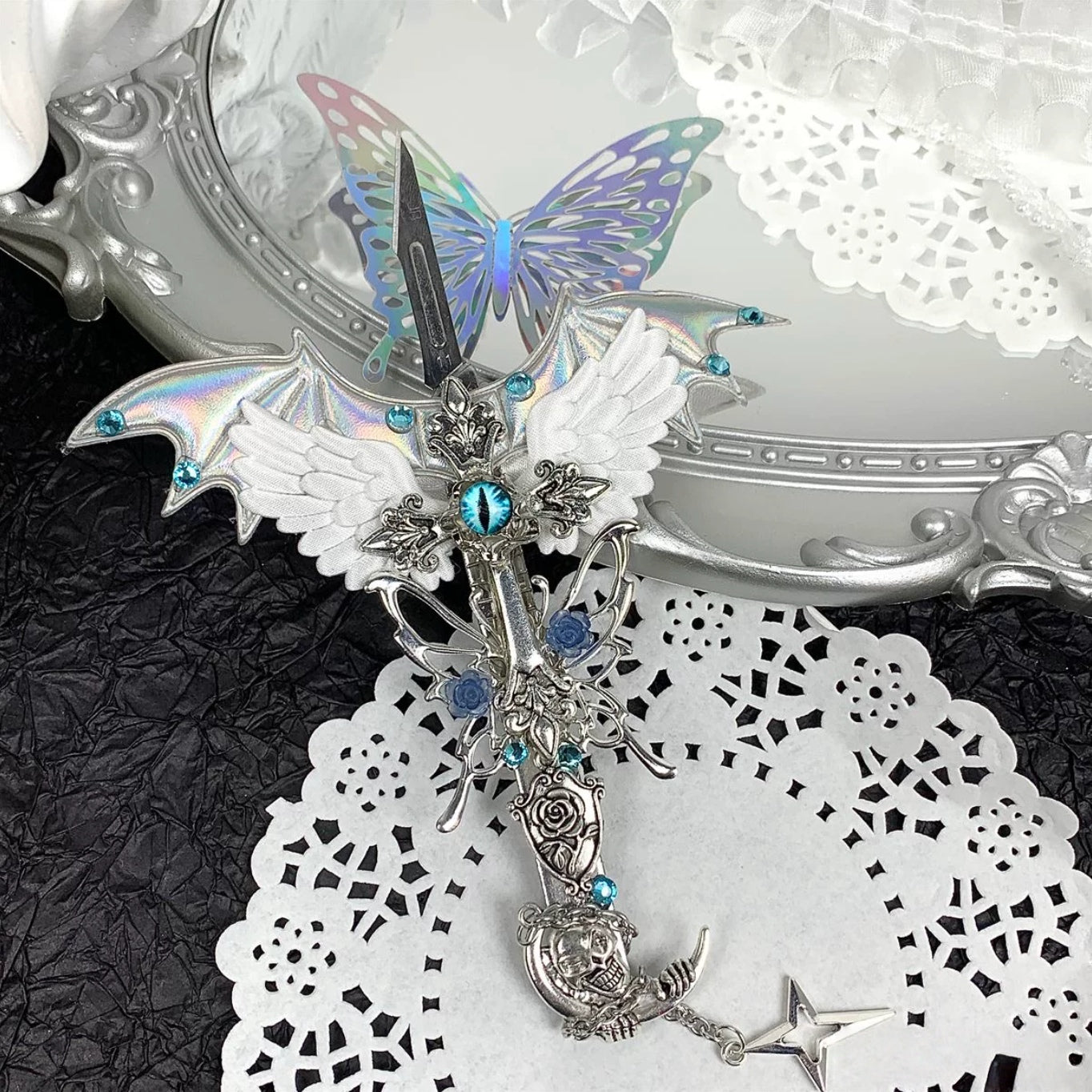 Gothic decorative craft knife with cross, bat, chain, rose, and gemstone charms