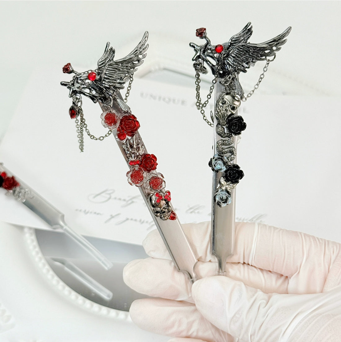 Gothic rose decorative craft tweezers with wing, skull, rose, and chain charms