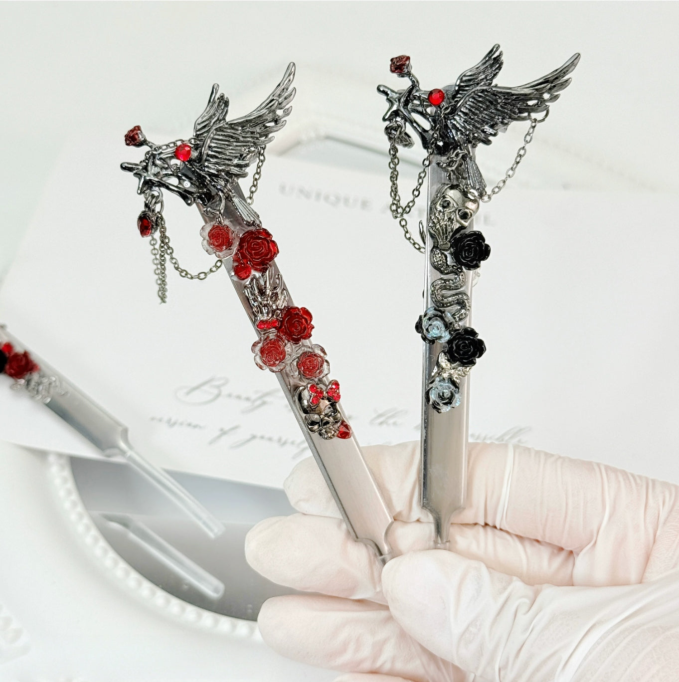Gothic rose decorative craft tweezers with wing, skull, rose, and chain charms
