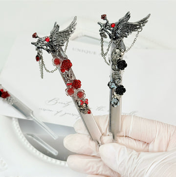 Gothic rose decorative craft tweezers with wing, skull, rose, and chain charms