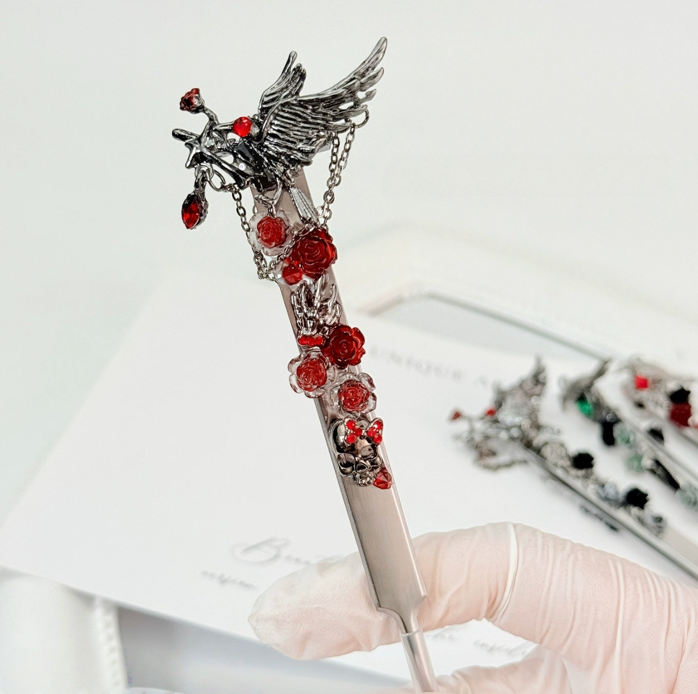 Gothic rose decorative craft tweezers with wing, skull, rose, and chain charms