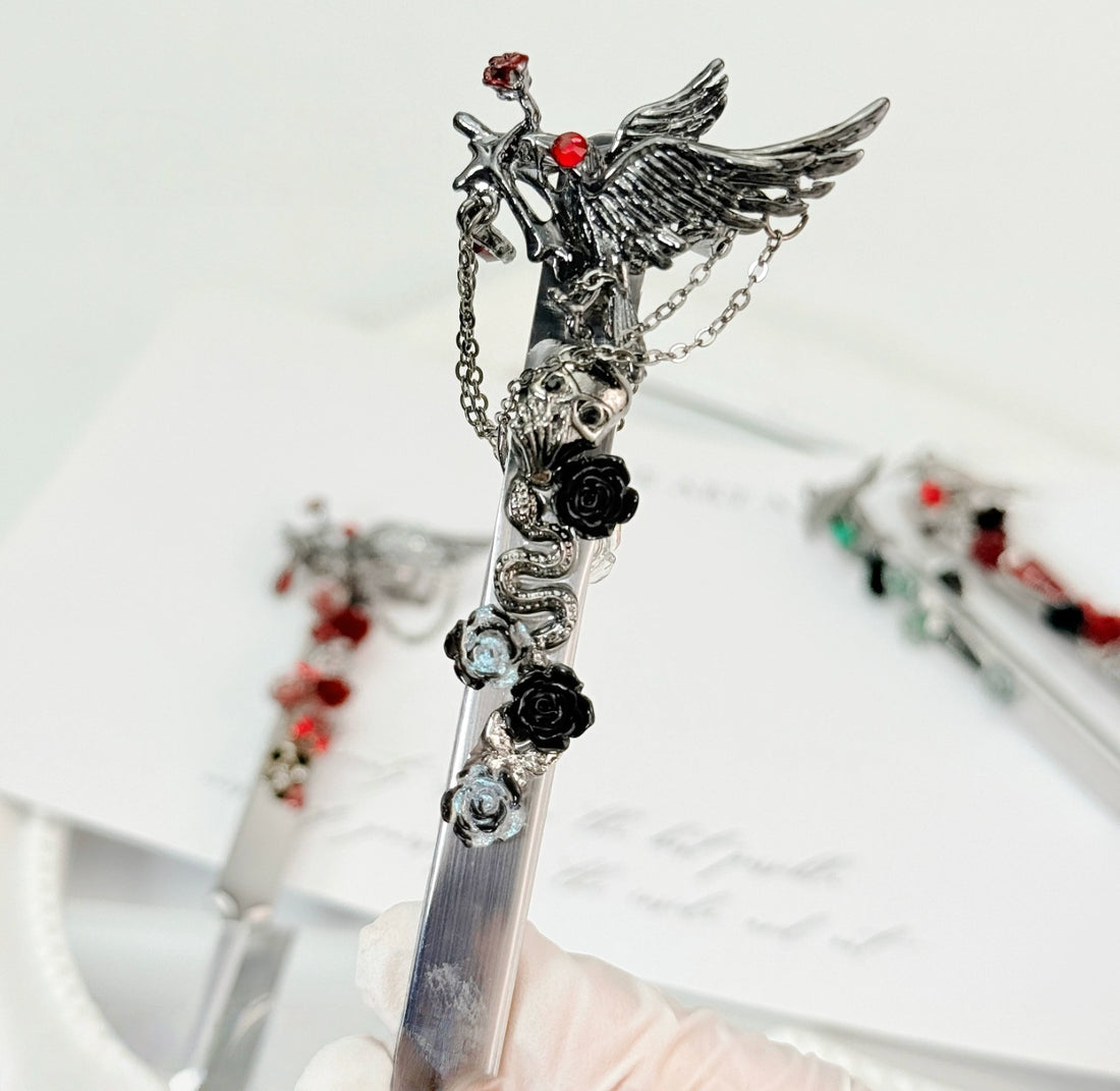Gothic rose decorative craft tweezers with wing, skull, rose, and chain charms