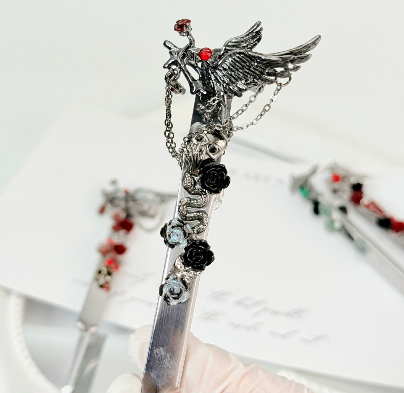 Gothic rose decorative craft tweezers with wing, skull, rose, and chain charms