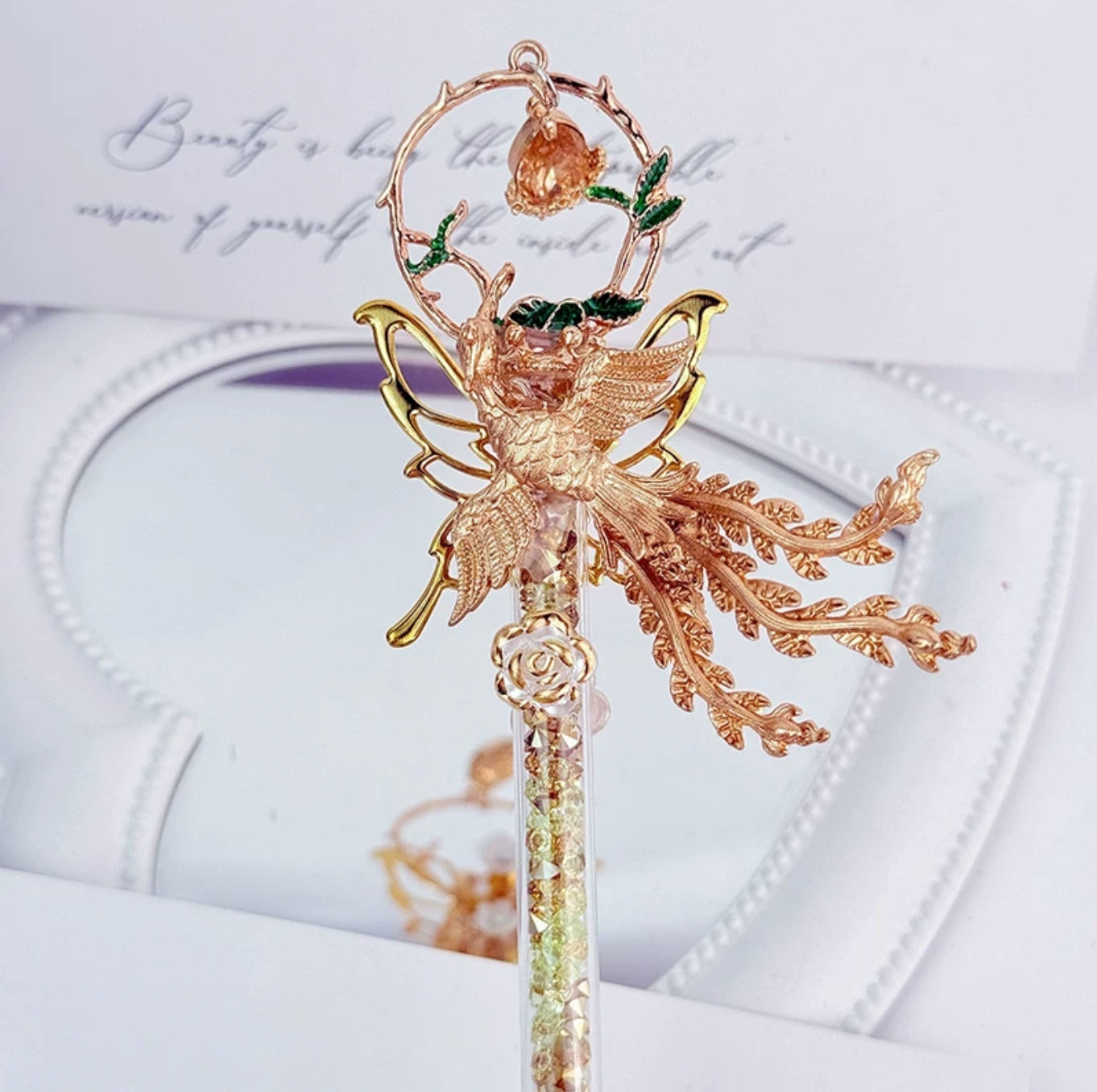 Gold butterfly decorative craft knife with floral charms and pearl accents
