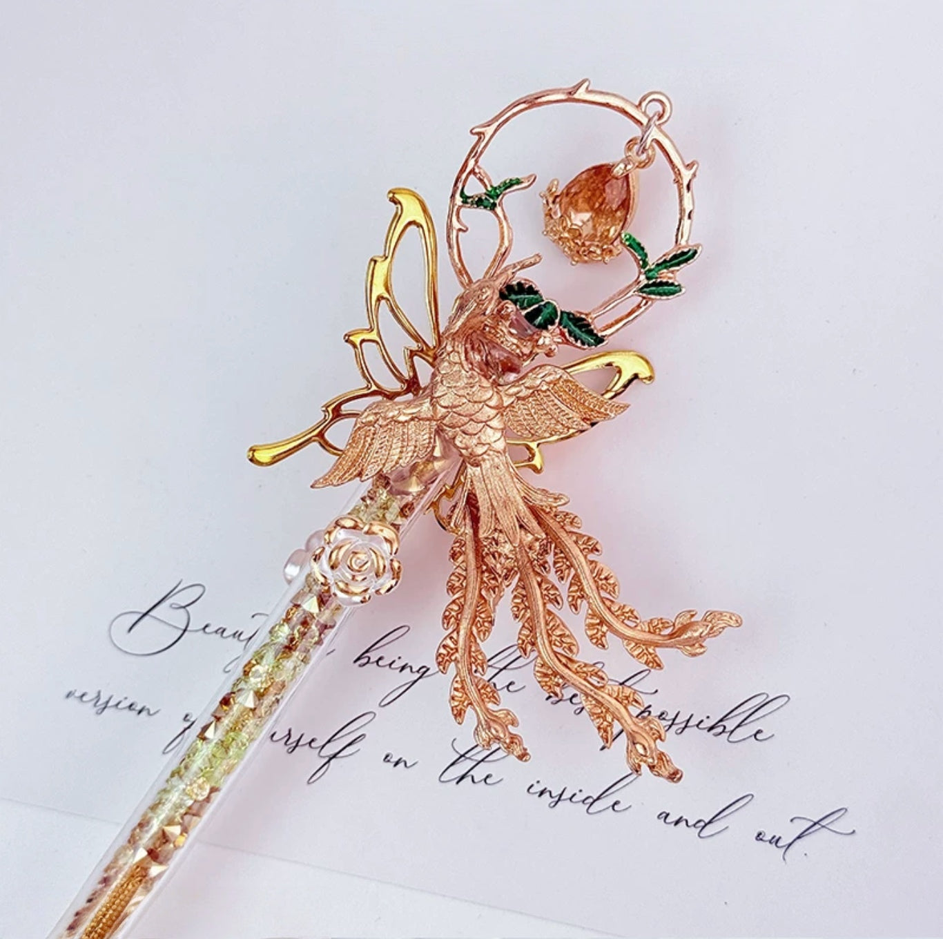 Gold butterfly decorative craft knife with floral charms and pearl accents
