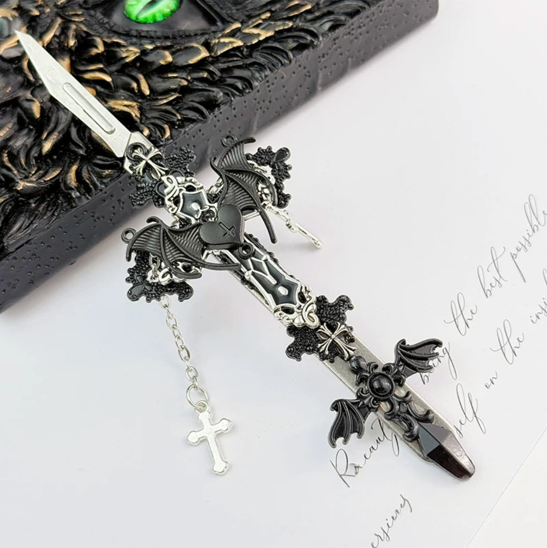 Gothic decorative craft knife with cross, bat, chain, rose, and gemstone charms