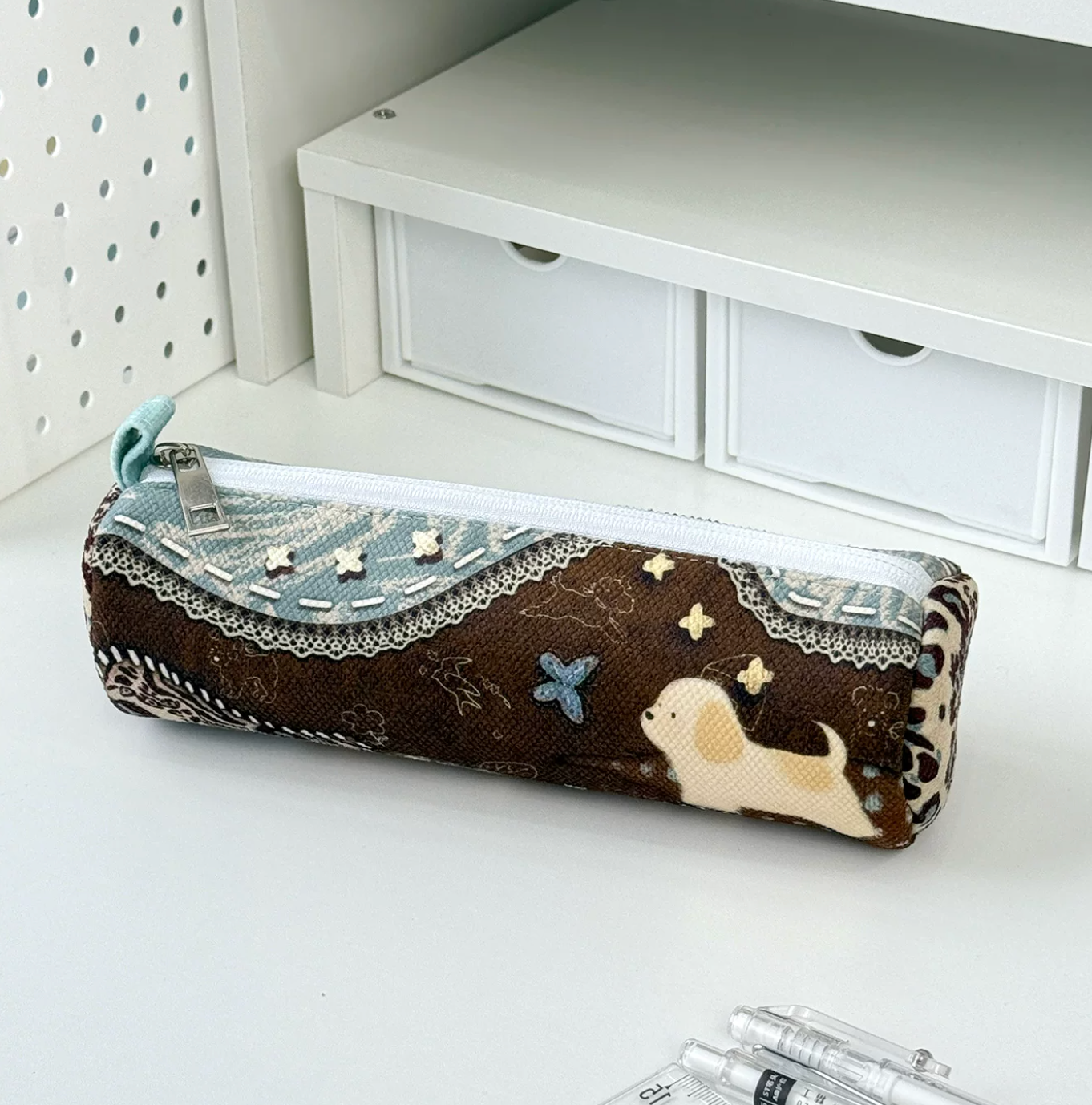 Mushroom patch fabric pencil case with zipper for journaling stationery