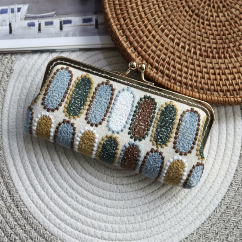 Textured embroidered kiss-lock stationery pouch in vintage color options