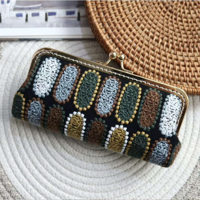 Textured embroidered kiss-lock stationery pouch in vintage color options