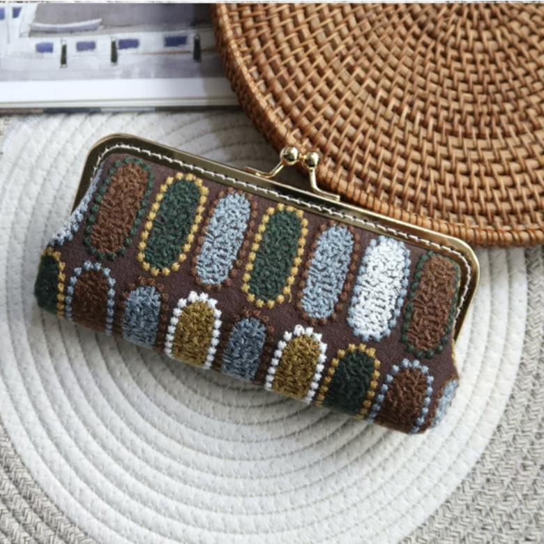 Textured embroidered kiss-lock stationery pouch in vintage color options