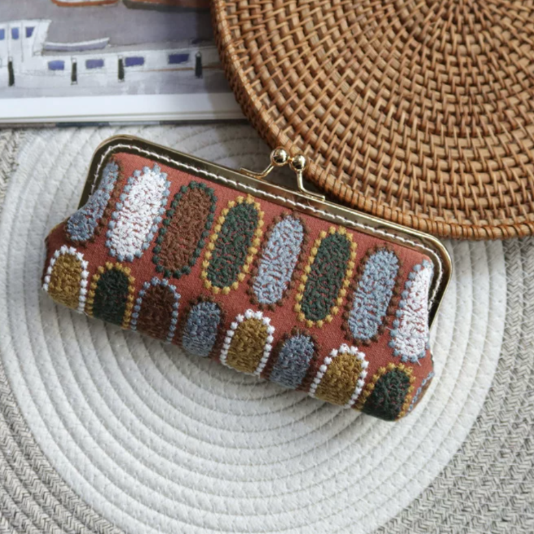 Textured embroidered kiss-lock stationery pouch in vintage color options