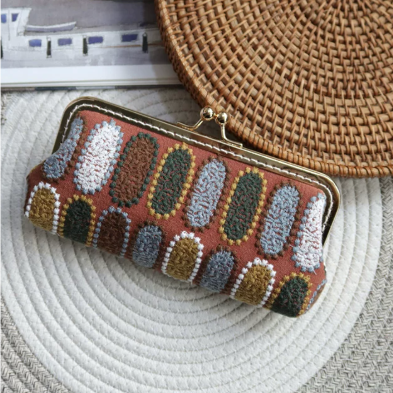 Textured embroidered kiss-lock stationery pouch in vintage color options