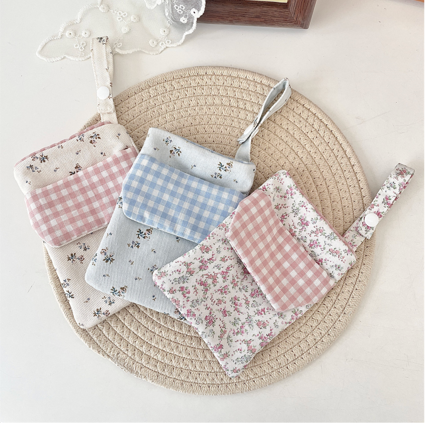 Floral gingham fabric stationery pouch with wrist strap for pens and journaling supplies