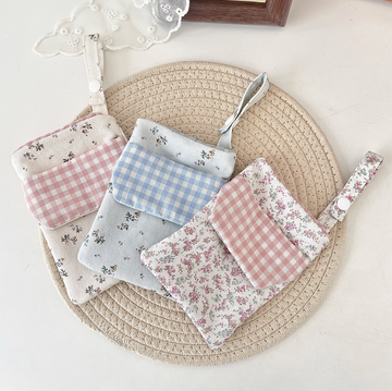 Floral gingham fabric stationery pouch with wrist strap for pens and journaling supplies