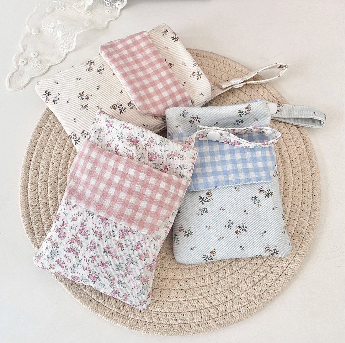 Floral gingham fabric stationery pouch with wrist strap for pens and journaling supplies