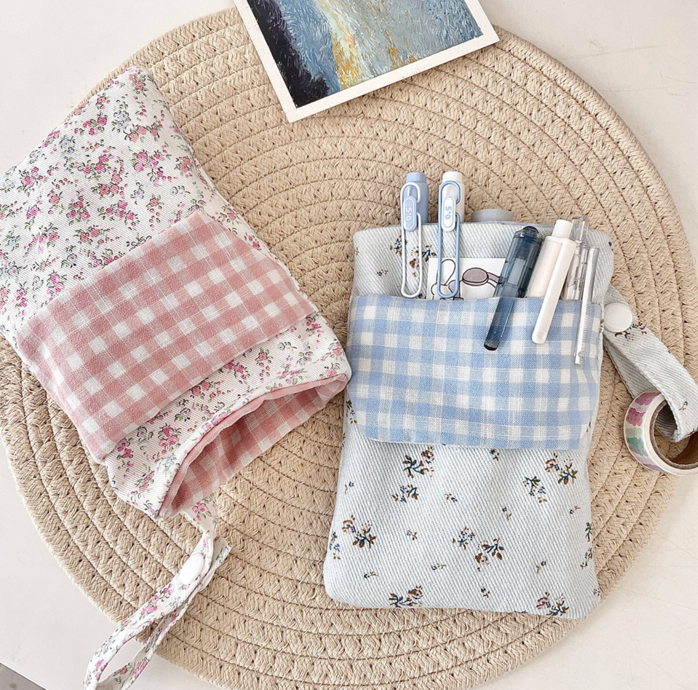 Floral gingham fabric stationery pouch with wrist strap for pens and journaling supplies