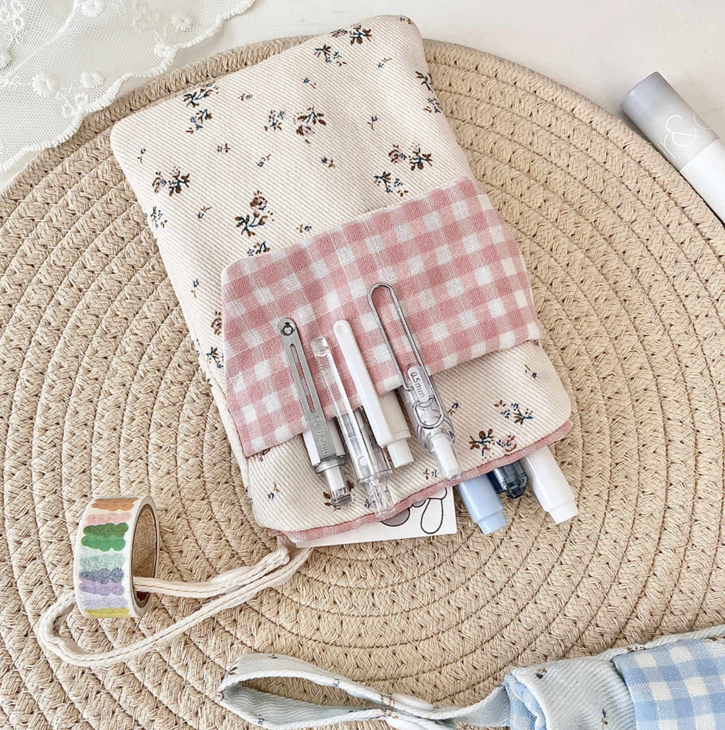 Floral gingham fabric stationery pouch with wrist strap for pens and journaling supplies