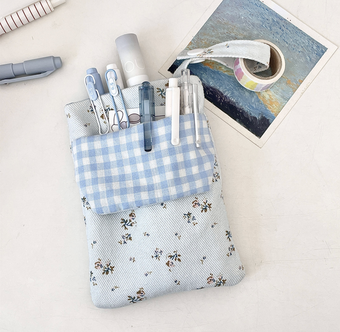 Floral gingham fabric stationery pouch with wrist strap for pens and journaling supplies
