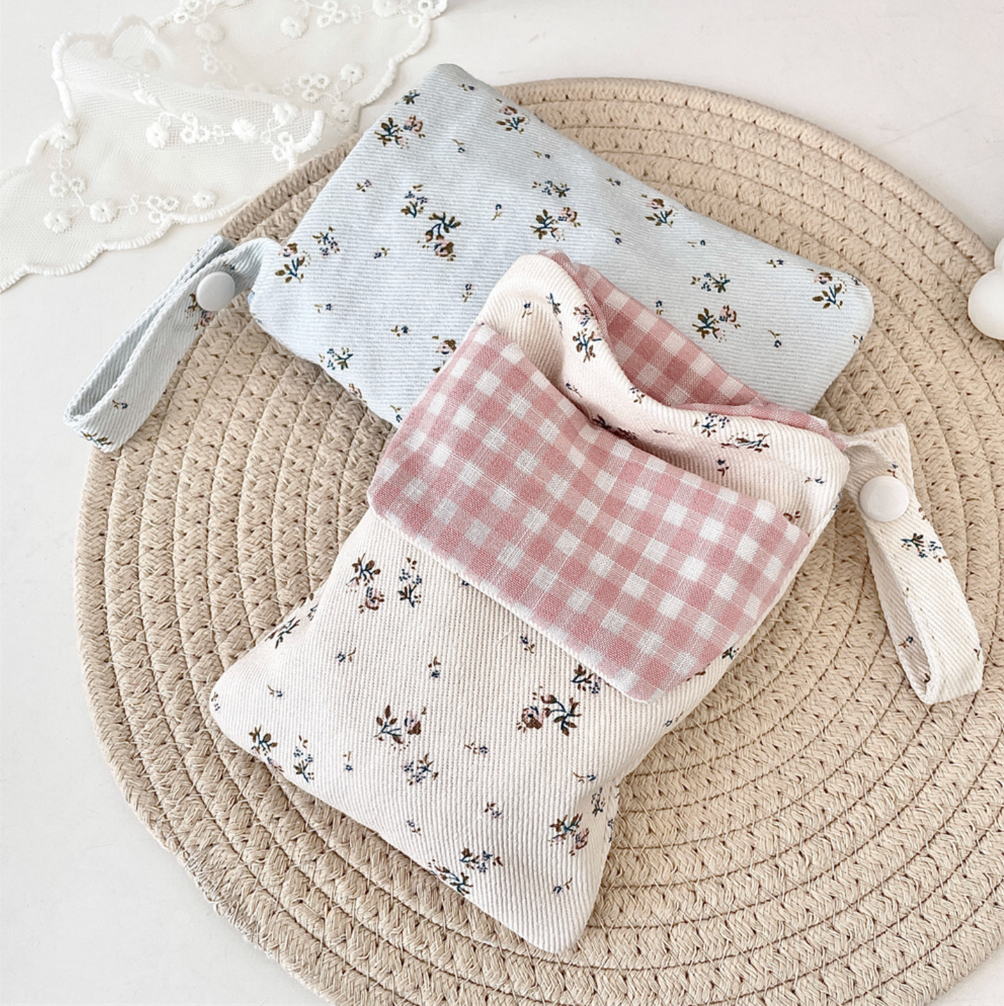 Floral gingham fabric stationery pouch with wrist strap for pens and journaling supplies