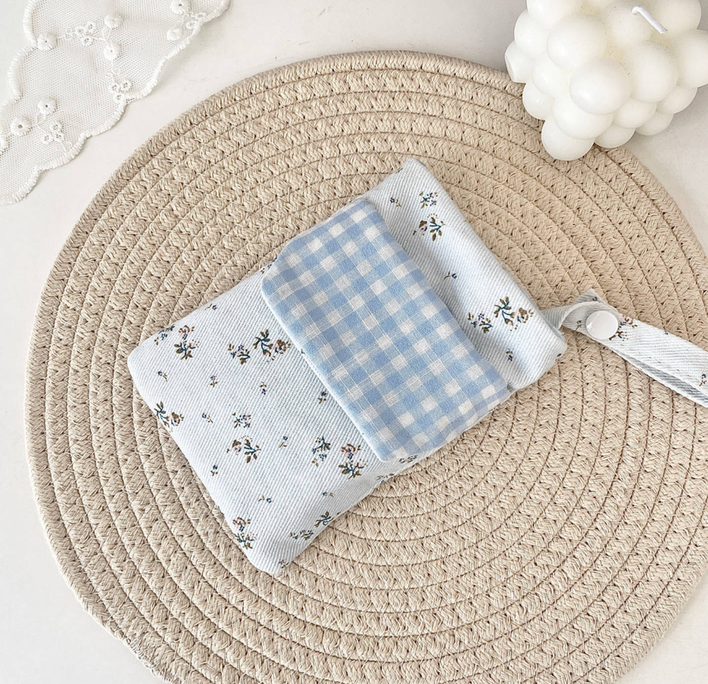 Floral gingham fabric stationery pouch with wrist strap for pens and journaling supplies