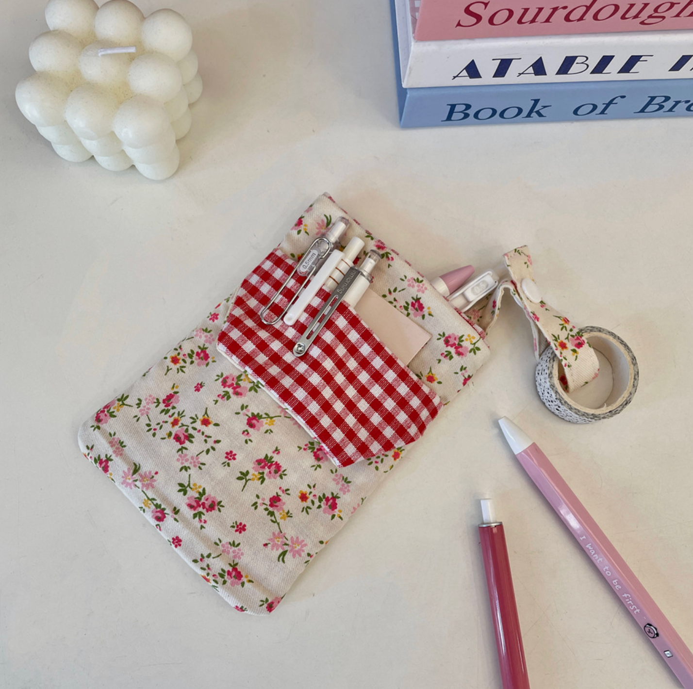 Floral gingham fabric stationery pouch with wrist strap for pens and journaling supplies