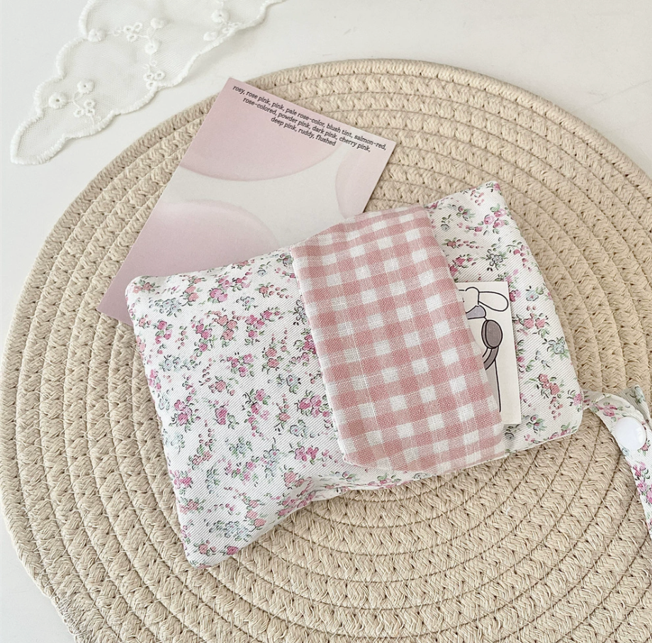 Floral gingham fabric stationery pouch with wrist strap for pens and journaling supplies