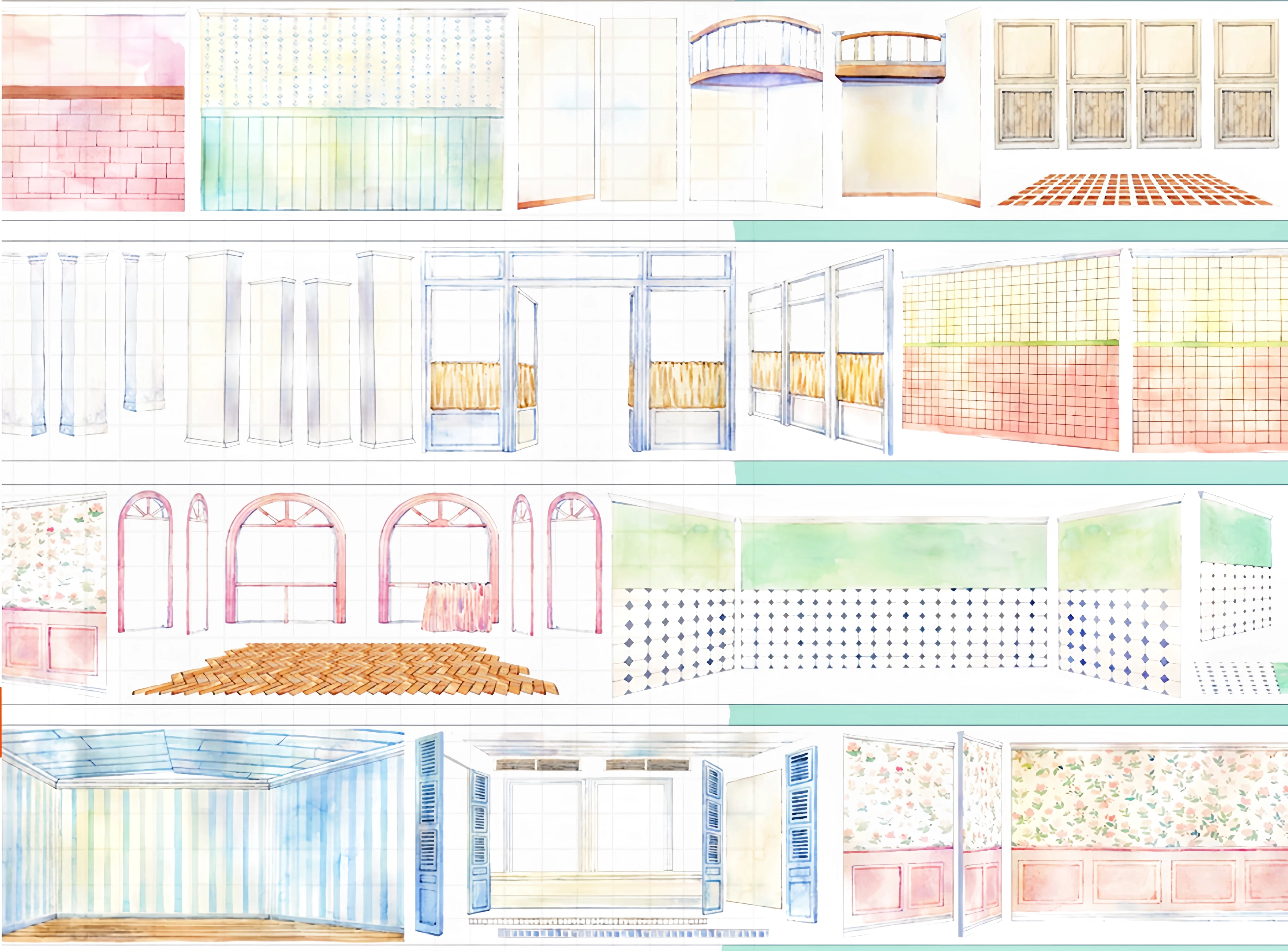 Wall 2.0 Room Scenery Tape – Pink Arched Doorways, Floral Wallpaper & Tile Floors | Washi & PET