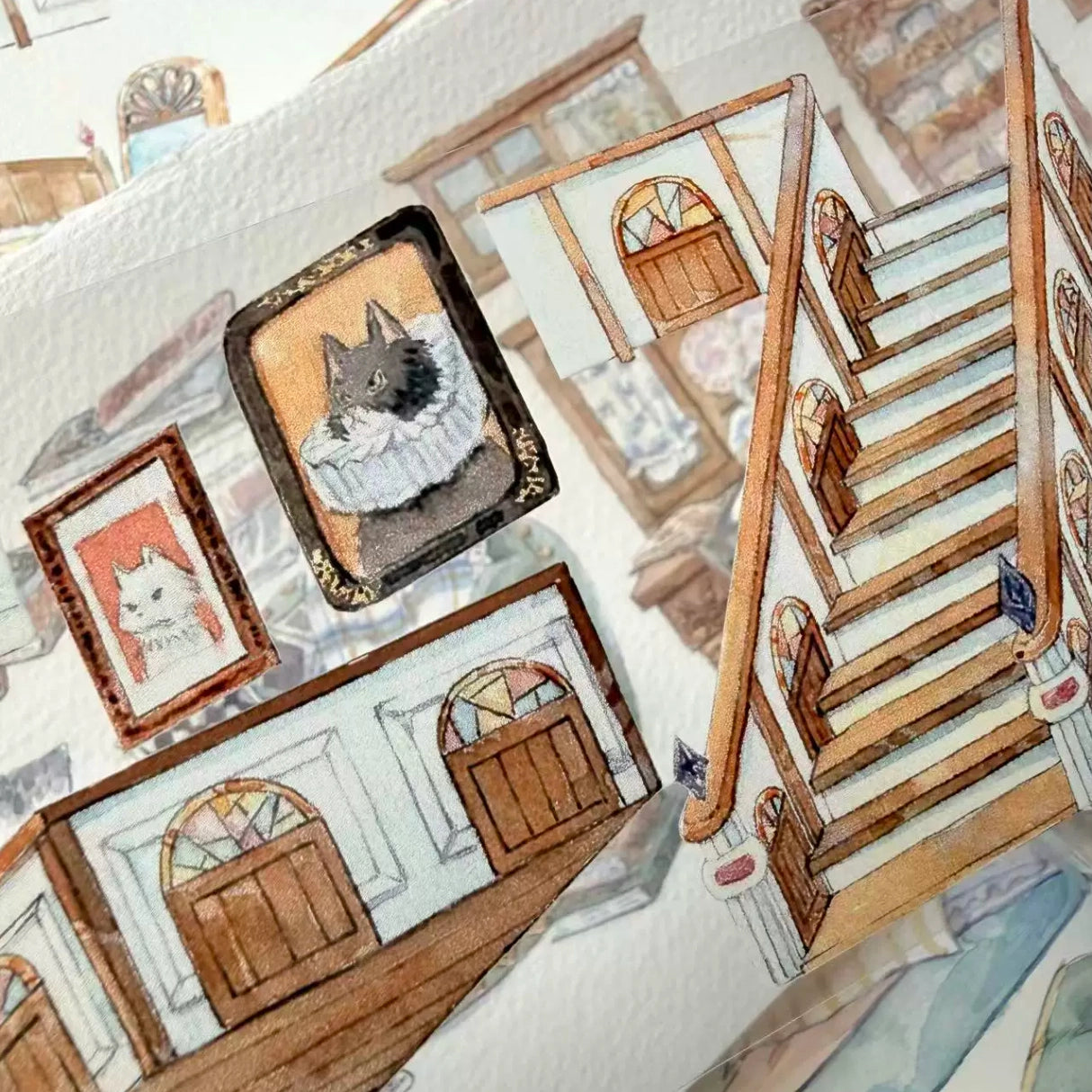 Close-up of cozy room PET tape pieces with staircases, arched doors, and framed cat wall art