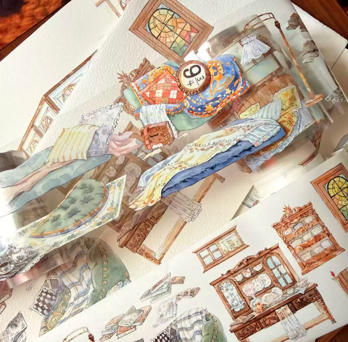 Cozy room background PET tape with beds, pillows, windows, and vintage furniture