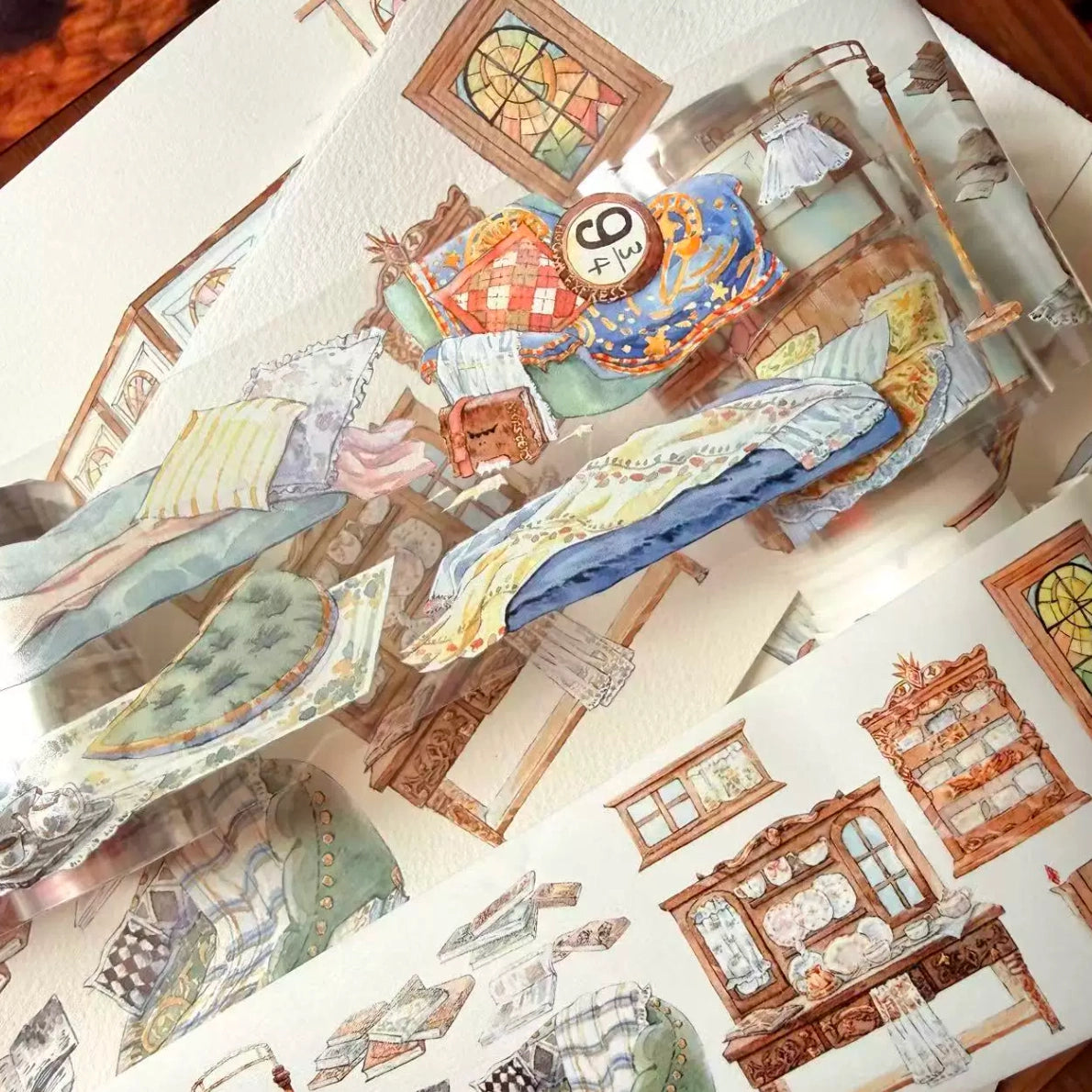 Cozy room background PET tape applied over watercolor bedroom furniture and window scenes