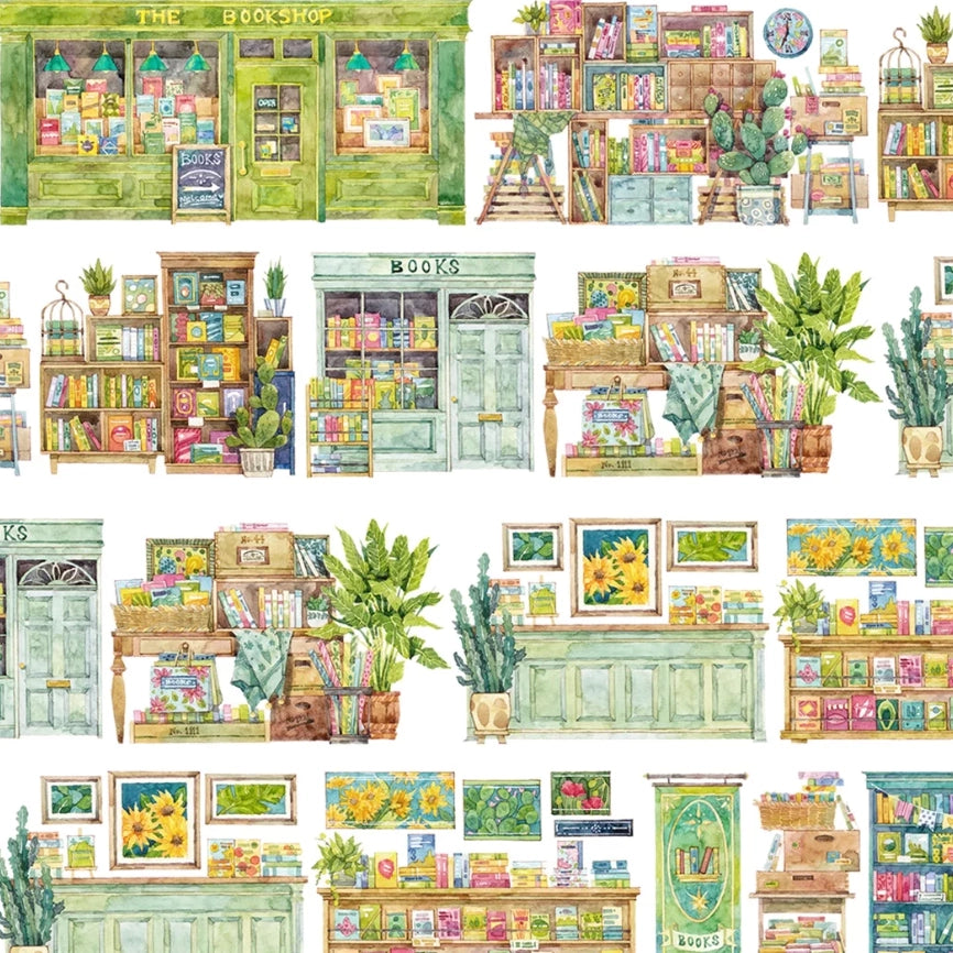 Watercolor PET tape artwork with cozy bookshop storefronts, stacked bookshelves, plants, and reading corners