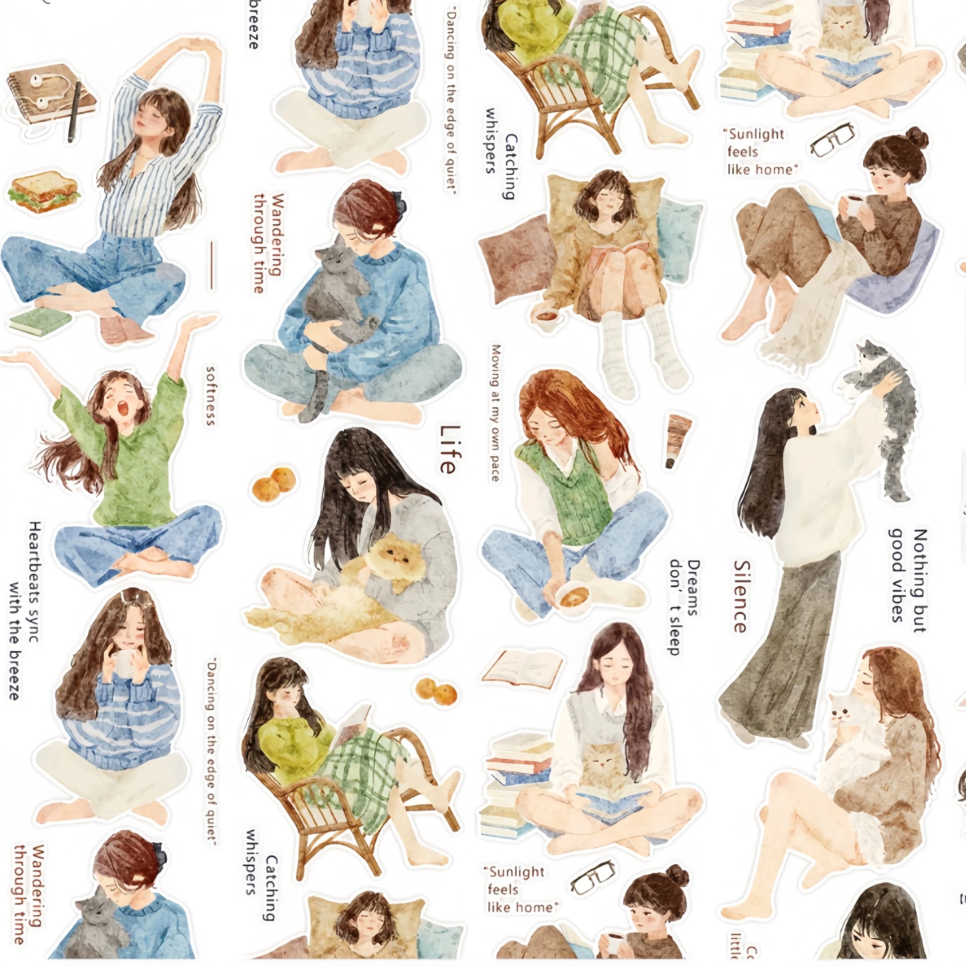 Watercolor character sticker roll with cozy girls, cats, reading scenes, cushions, drinks, and gentle life quotes