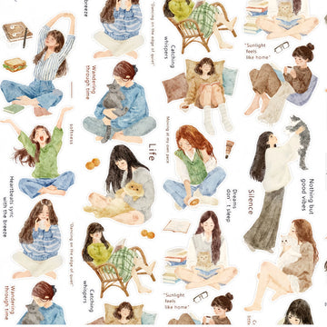 Watercolor character sticker roll with cozy girls, cats, reading scenes, cushions, drinks, and gentle life quotes