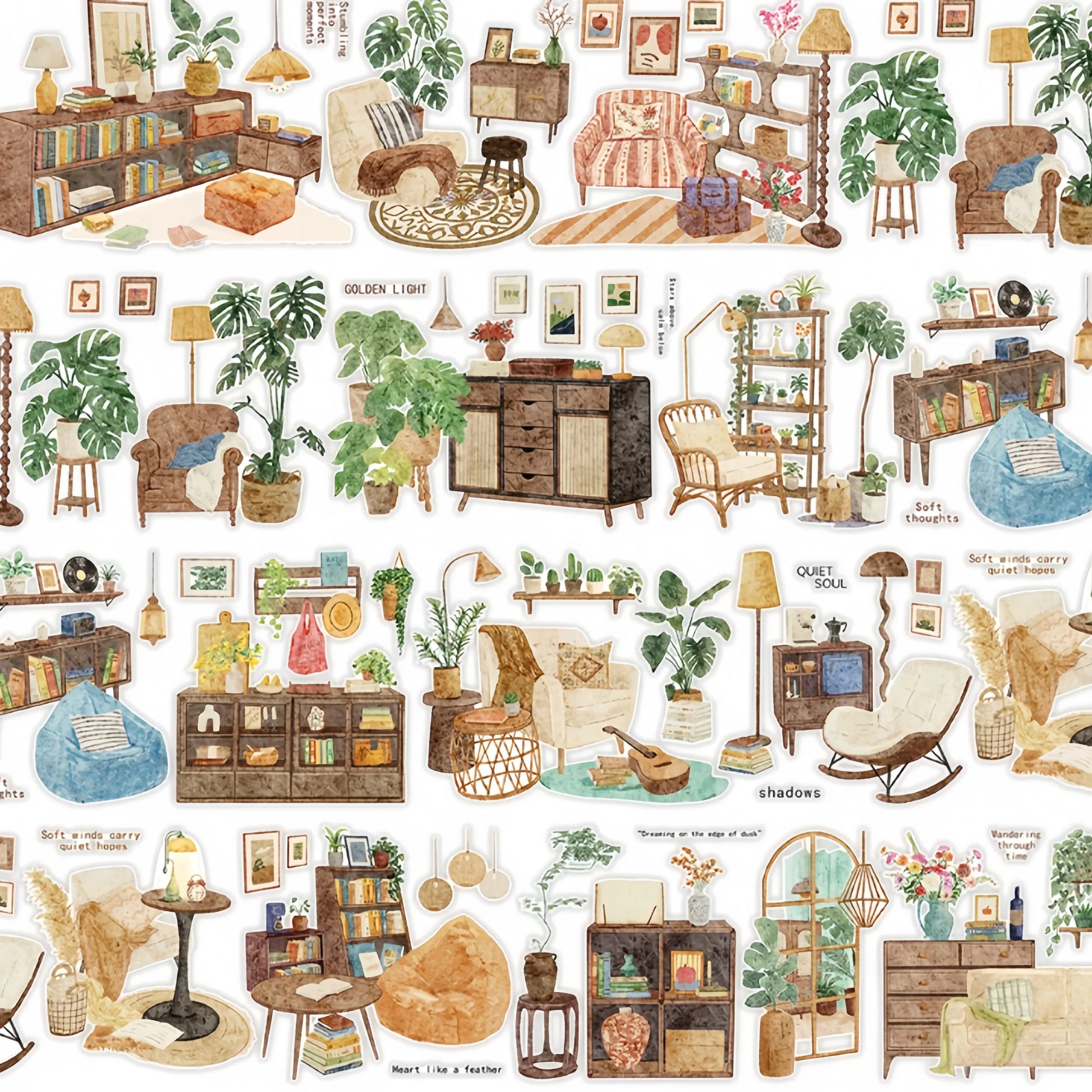 Watercolor interior sticker roll with cozy furniture, wooden shelves, lamps, books, framed art, and leafy houseplants