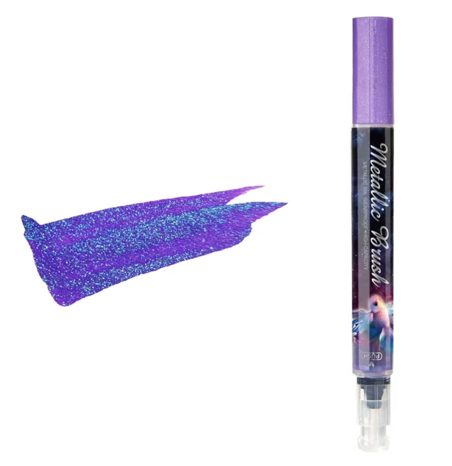 Metallic brush highlighter pen with shimmer ink, colored cap, and brush tip for lettering and notes