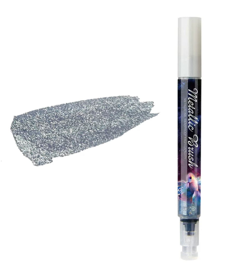 Metallic brush highlighter pen with shimmer ink, colored cap, and brush tip for lettering and notes