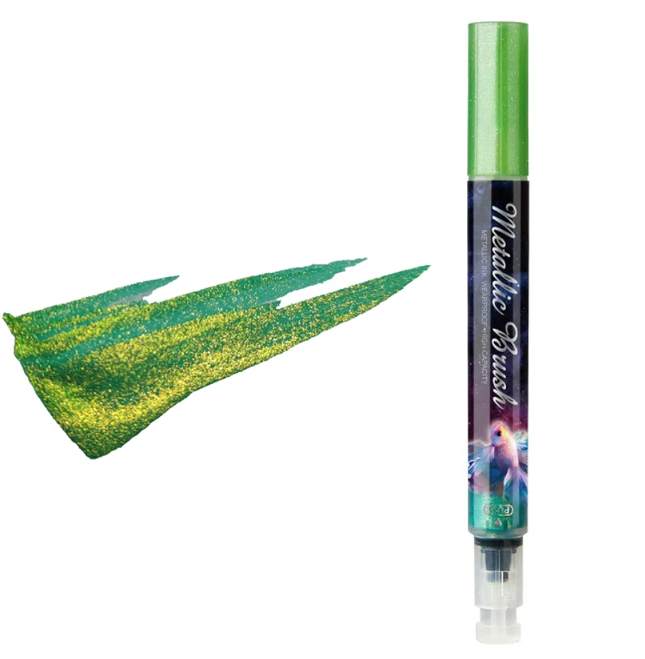 Metallic brush highlighter pen with shimmer ink, colored cap, and brush tip for lettering and notes