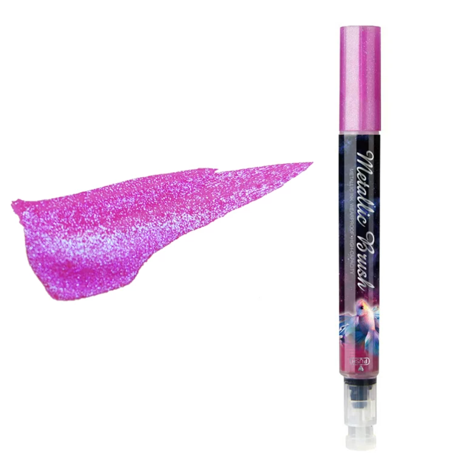 Metallic brush highlighter pen with shimmer ink, colored cap, and brush tip for lettering and notes