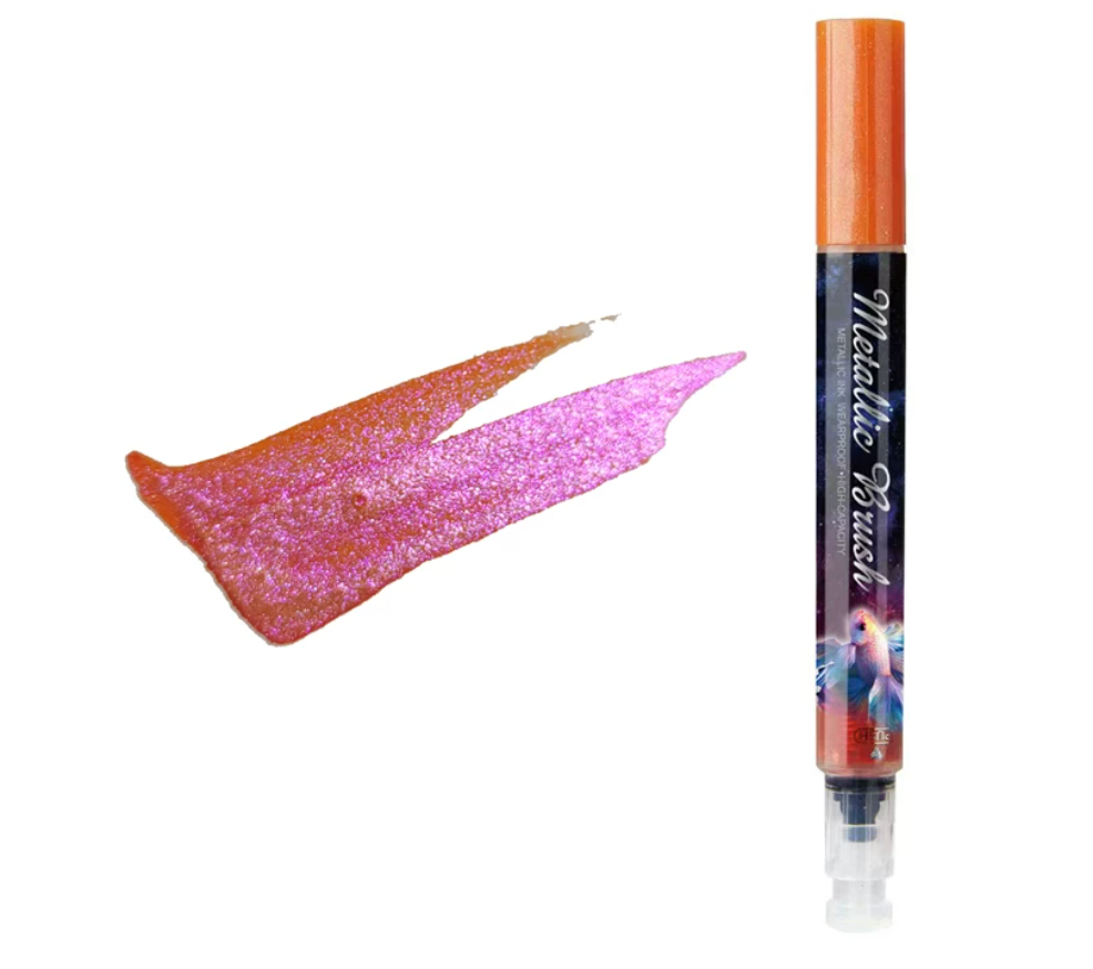 Metallic brush highlighter pen with shimmer ink, colored cap, and brush tip for lettering and notes